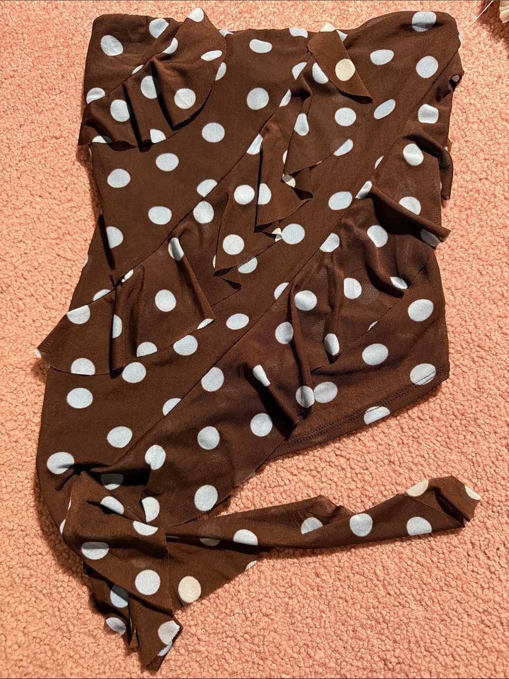 Polka Dot Brown Crop Top with Light Blue Dots Strapless Ruffles Y2K